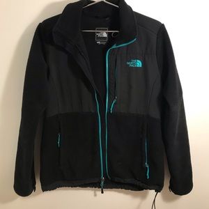 Black north face Denali jacket teal blue trim